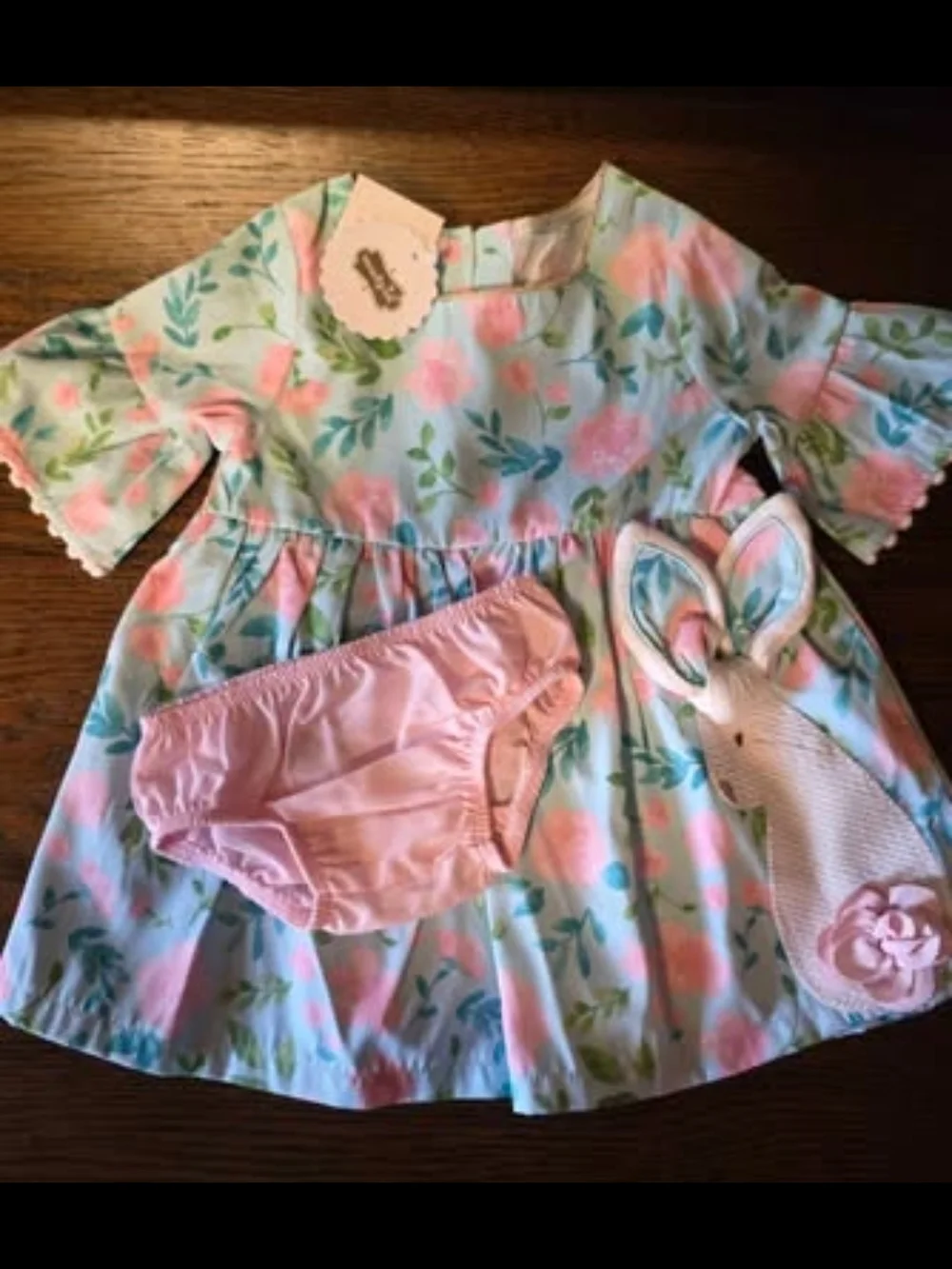 Mud Pie Baby Floral Mint & Pink Dress with Matching Bloomers 3-6M